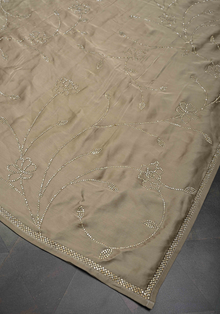 Stunning Taupe satin Georgette with tone on tone stones floral jaal