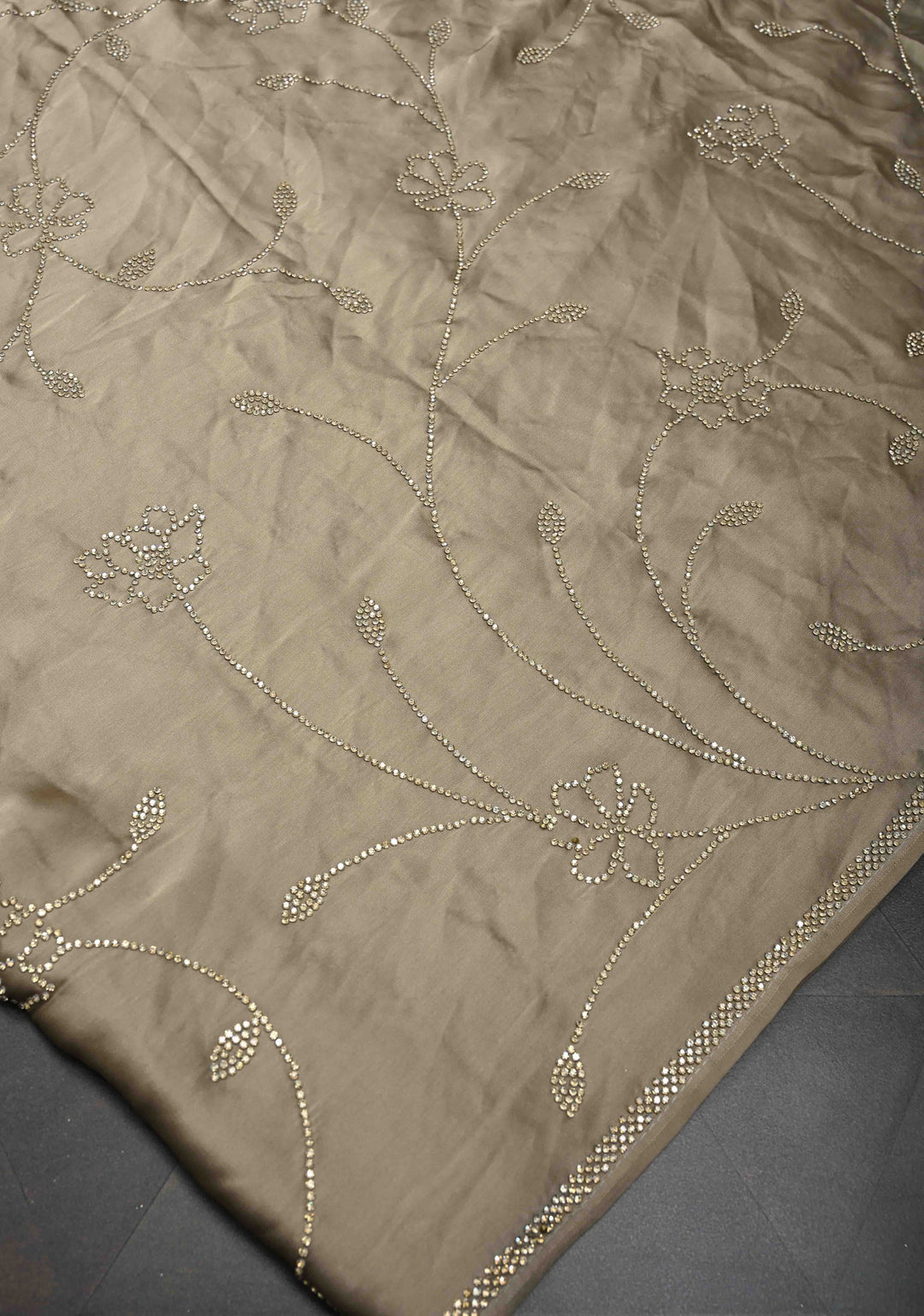 Stunning Taupe satin Georgette with tone on tone stones floral jaal