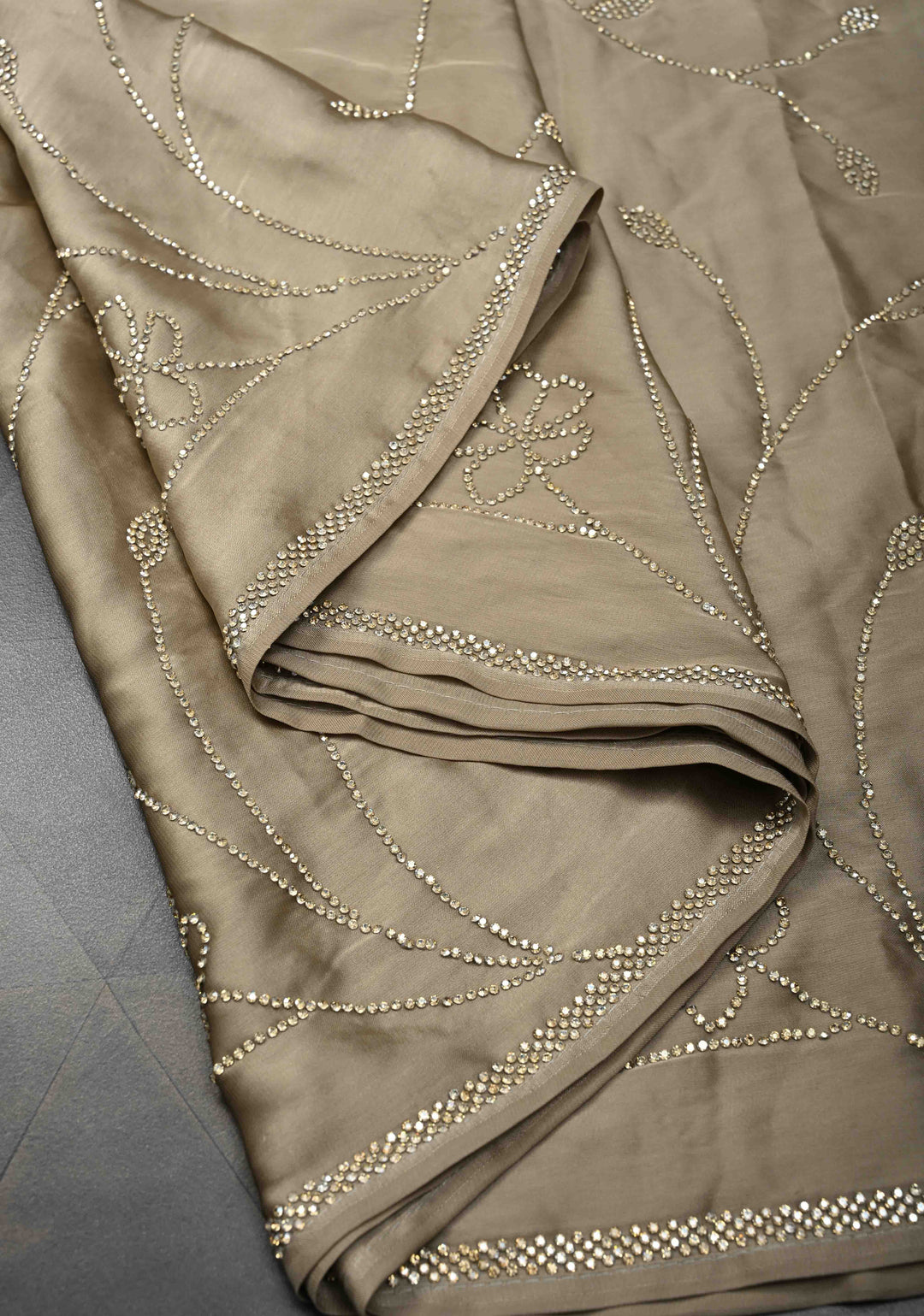 Stunning Taupe satin Georgette with tone on tone stones floral jaal