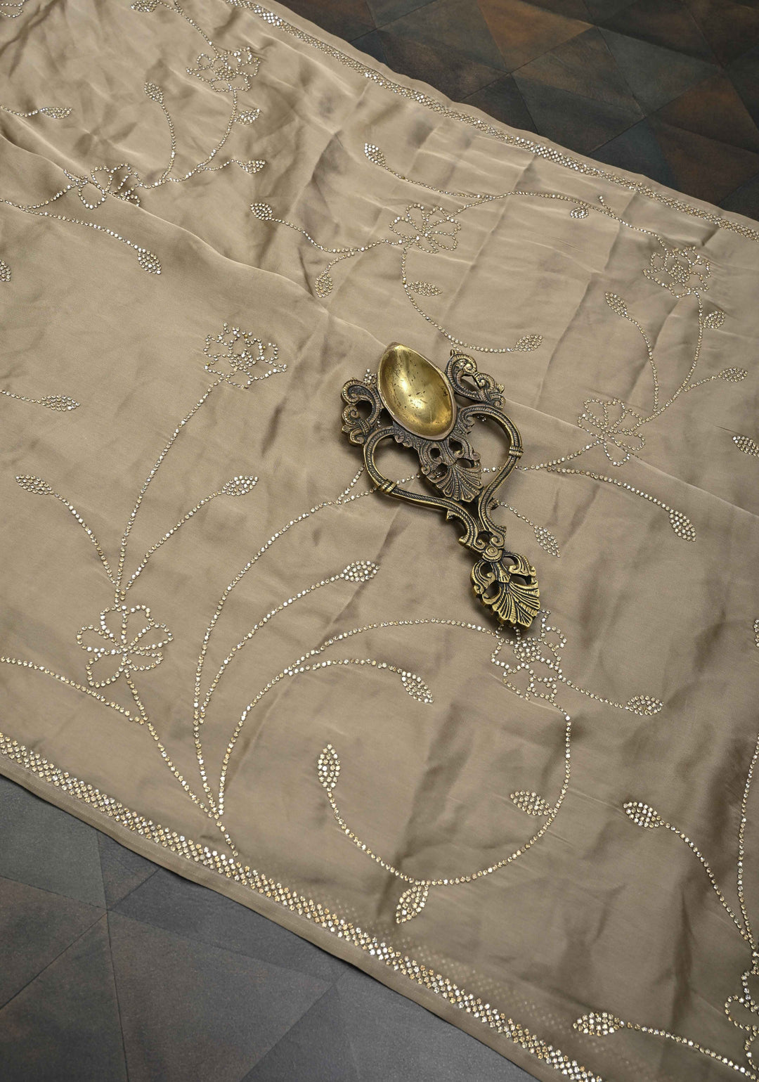 Stunning Taupe satin Georgette with tone on tone stones floral jaal