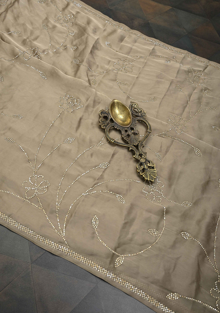 Stunning Taupe satin Georgette with tone on tone stones floral jaal