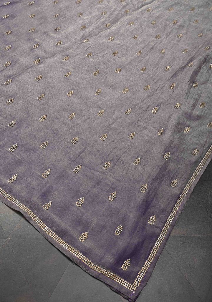 Dusty amethyst shimmer Georgette saree with stone buttas and minimal borders