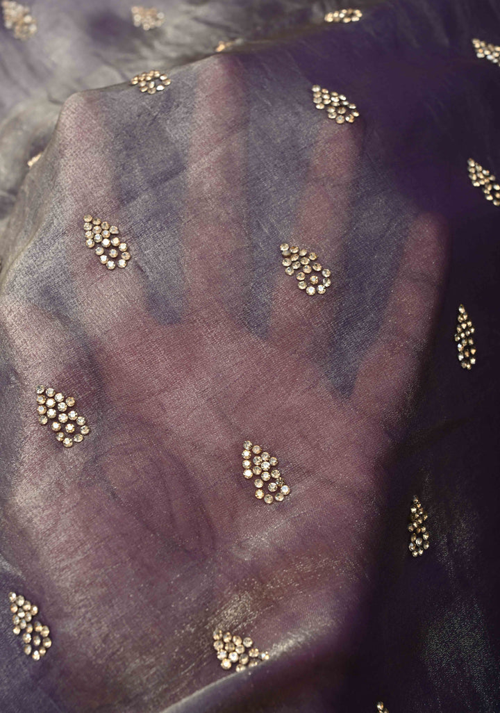 Dusty amethyst shimmer Georgette saree with stone buttas and minimal borders