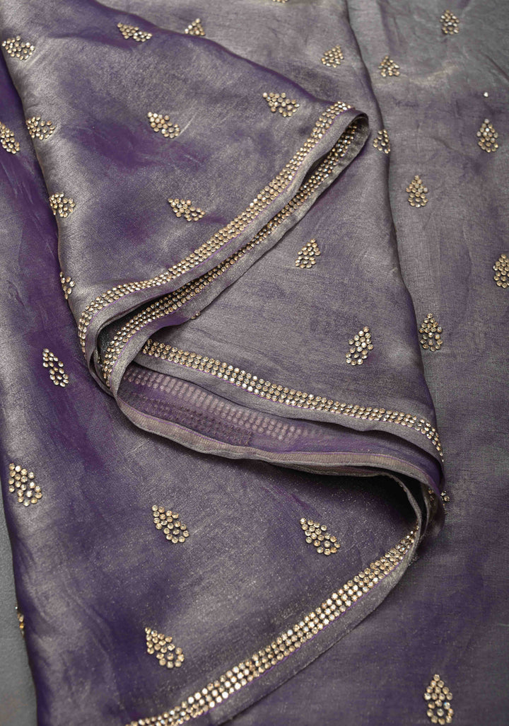 Dusty amethyst shimmer Georgette saree with stone buttas and minimal borders