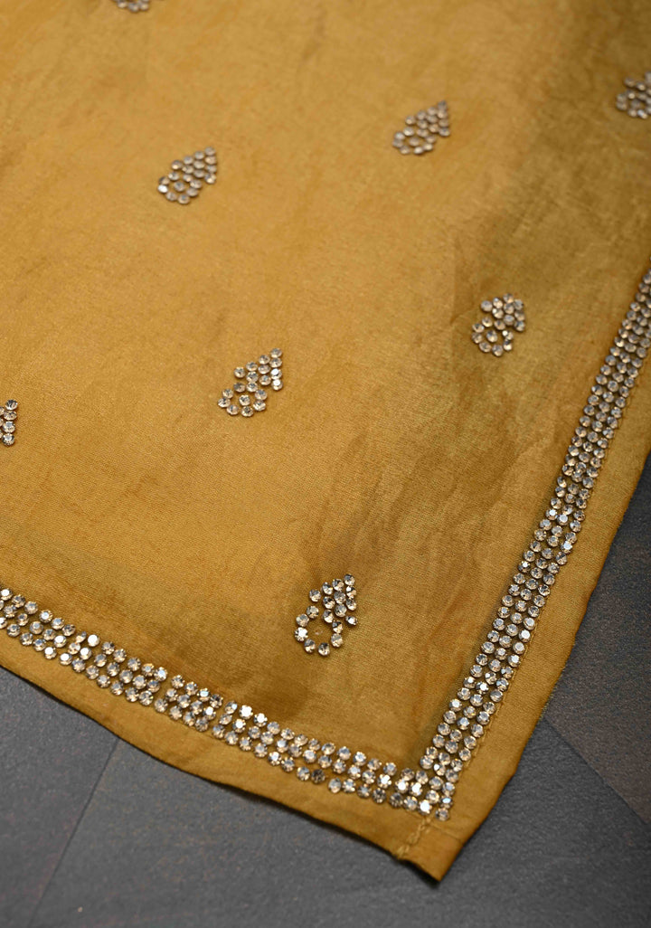 Ochre shimmer Georgette saree with stone buttas and minimal borders