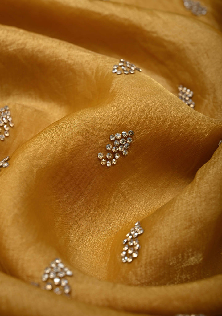 Ochre shimmer Georgette saree with stone buttas and minimal borders