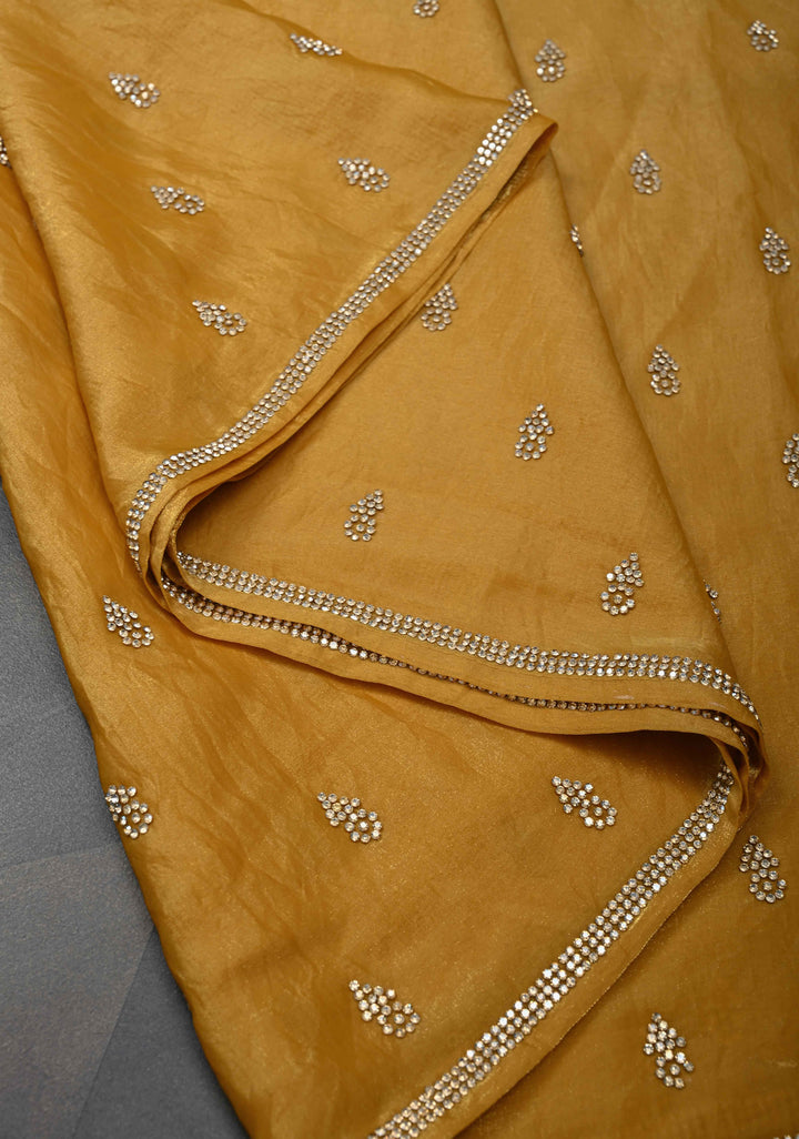 Ochre shimmer Georgette saree with stone buttas and minimal borders