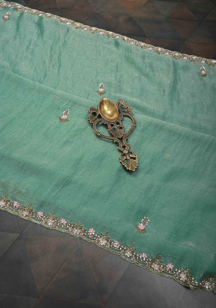 Mint Green shimmer Georgette saree with Pastel sequin and bead work