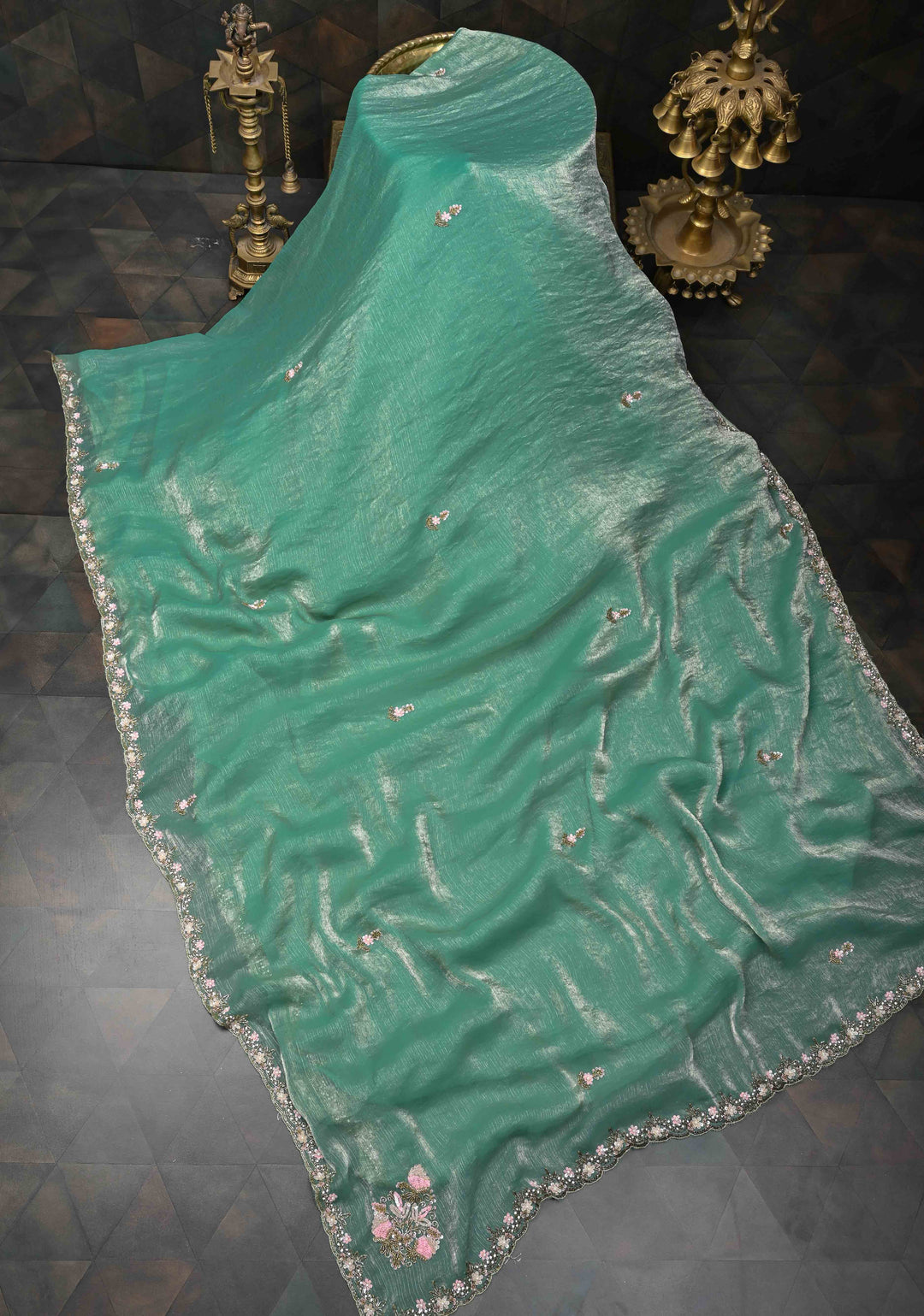 Mint Green shimmer Georgette saree with Pastel sequin and bead work
