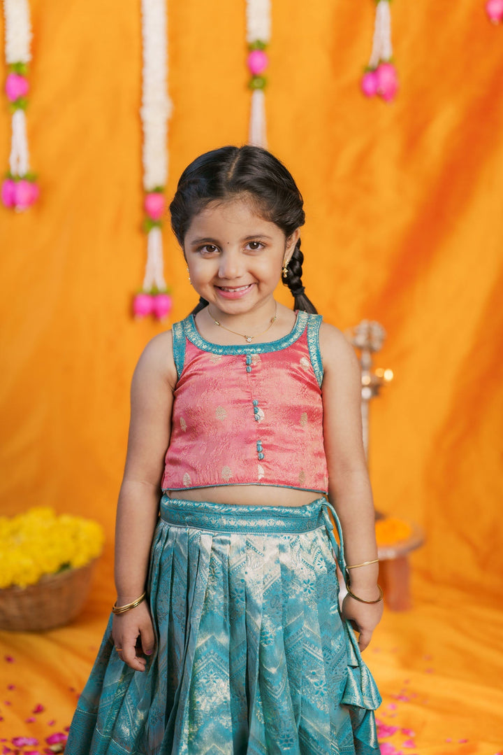 Aaradhya Pink with Blue Lehenga Mini (Set of 2) | Made to Order | SHOBITAM