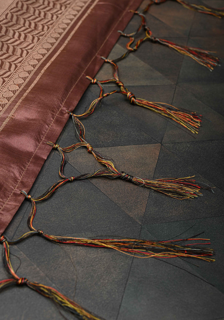 Brown Art Silk Saree with Kalamkari Digital Print and Antique Zari Border