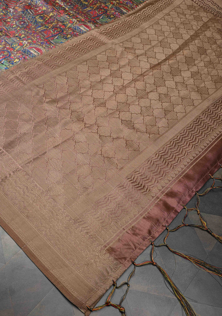 Brown Art Silk Saree with Kalamkari Digital Print and Antique Zari Border