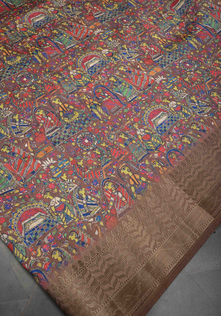 Brown Art Silk Saree with Kalamkari Digital Print and Antique Zari Border