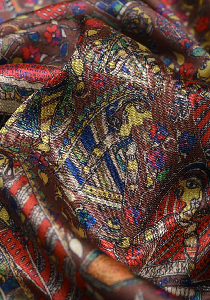 Brown Art Silk Saree with Kalamkari Digital Print and Antique Zari Border