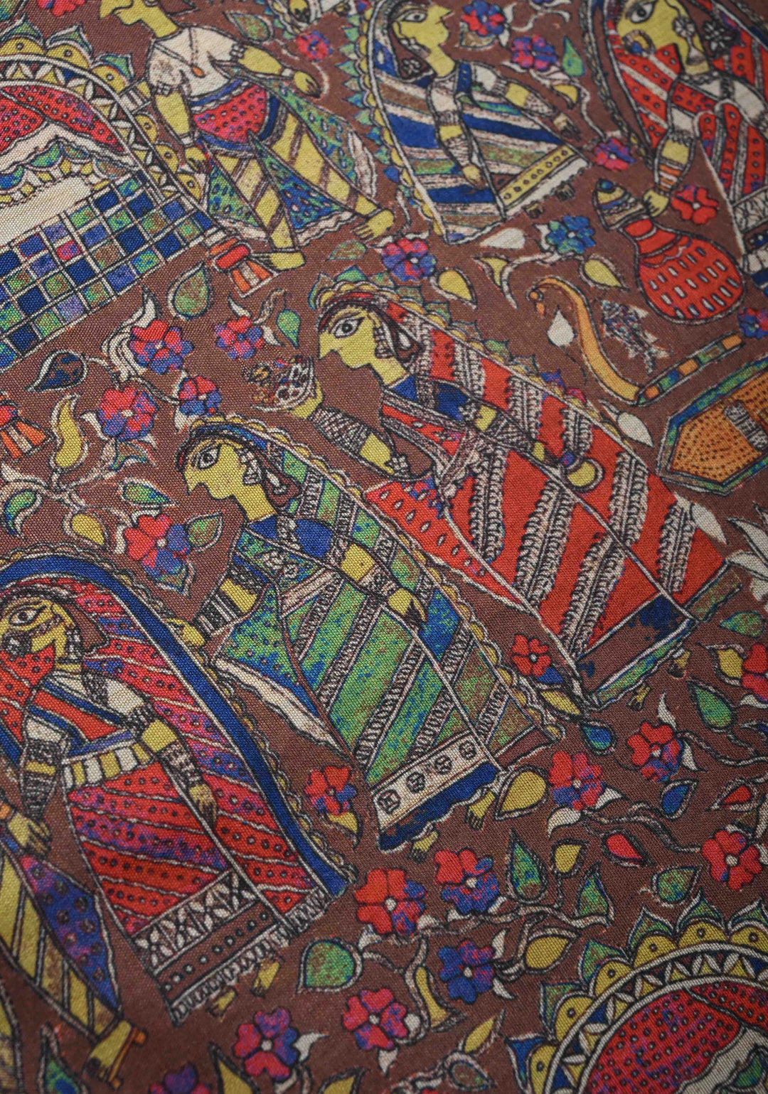 Brown Art Silk Saree with Kalamkari Digital Print and Antique Zari Border