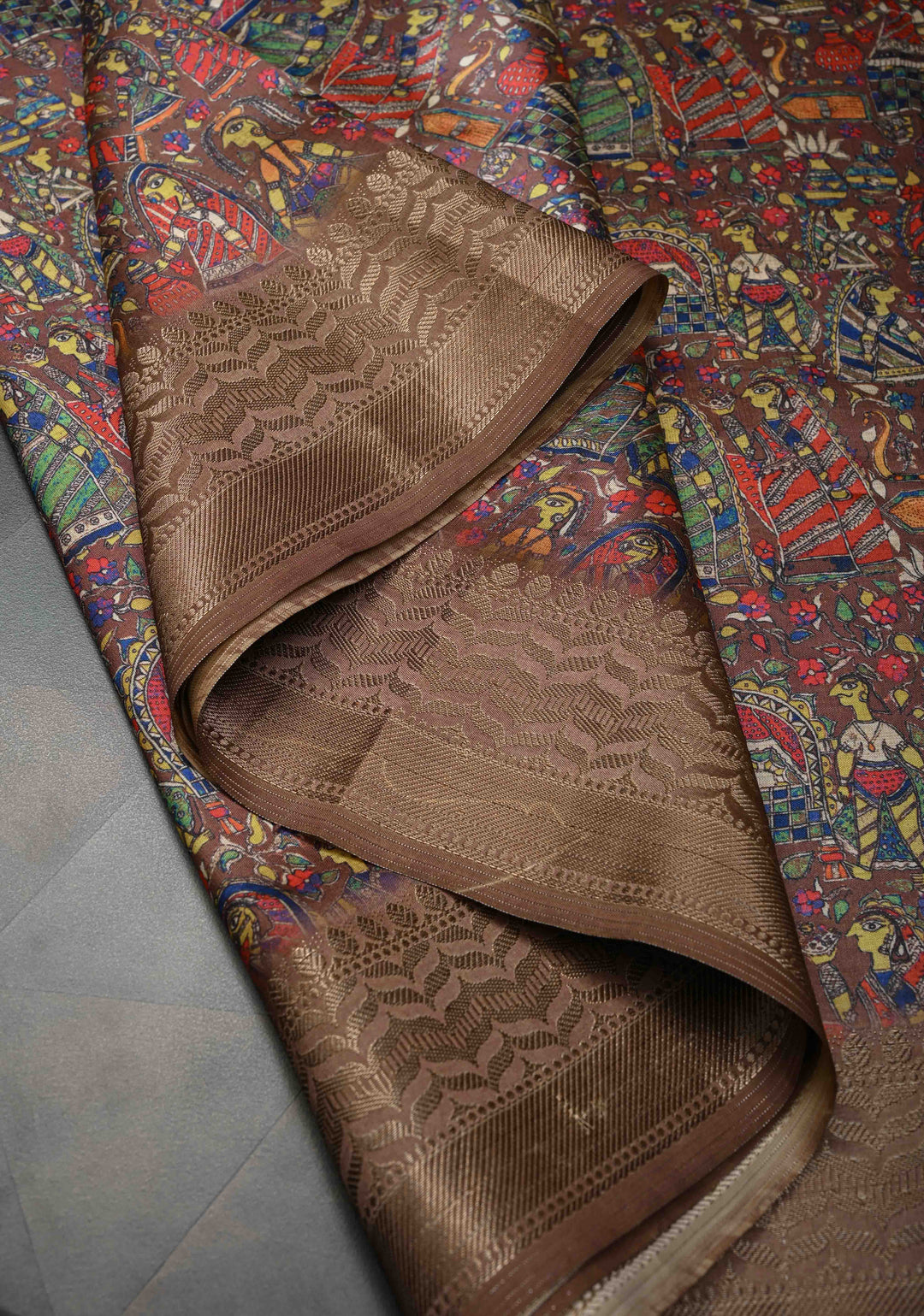 Brown Art Silk Saree with Kalamkari Digital Print and Antique Zari Border