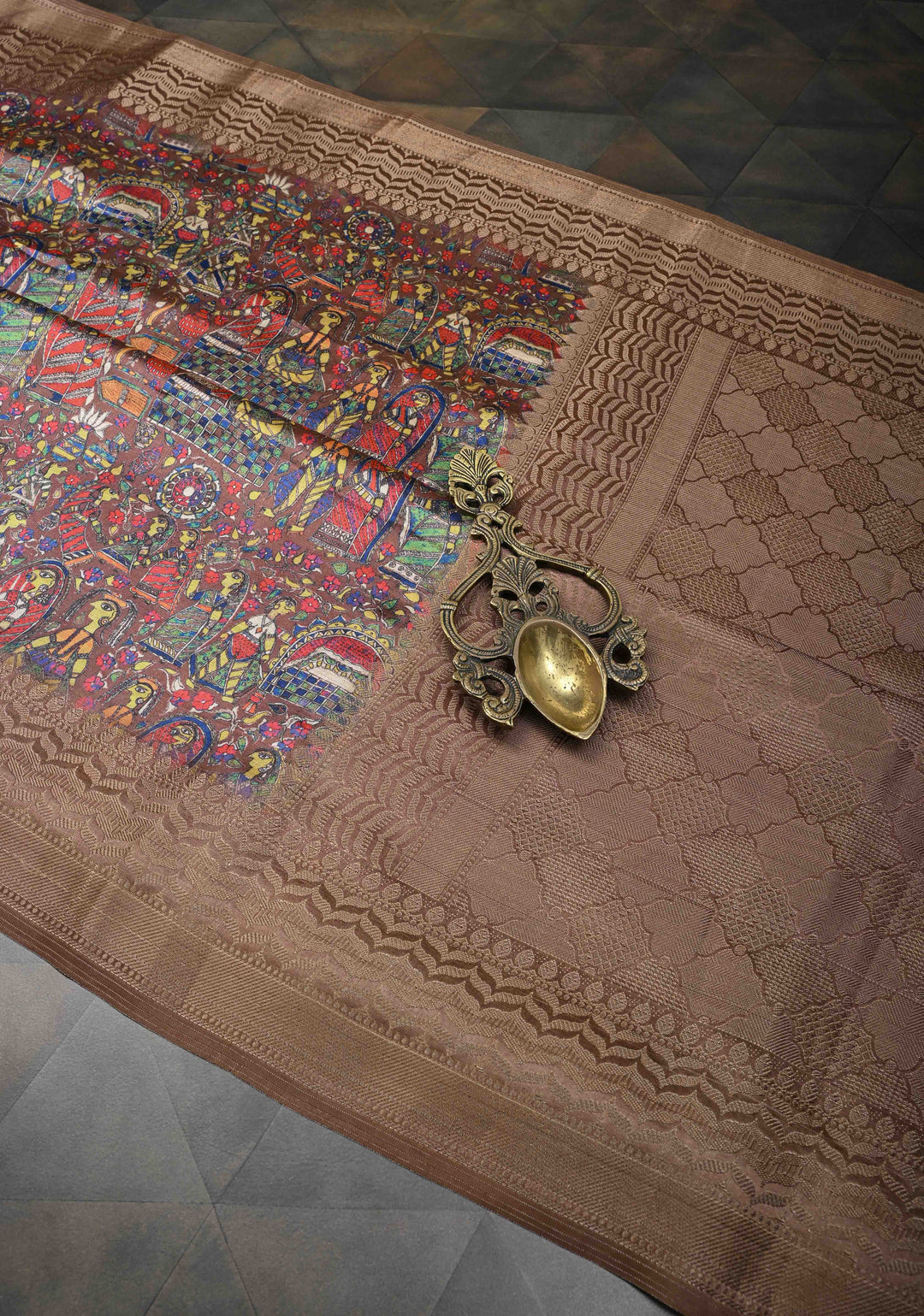Brown Art Silk Saree with Kalamkari Digital Print and Antique Zari Border