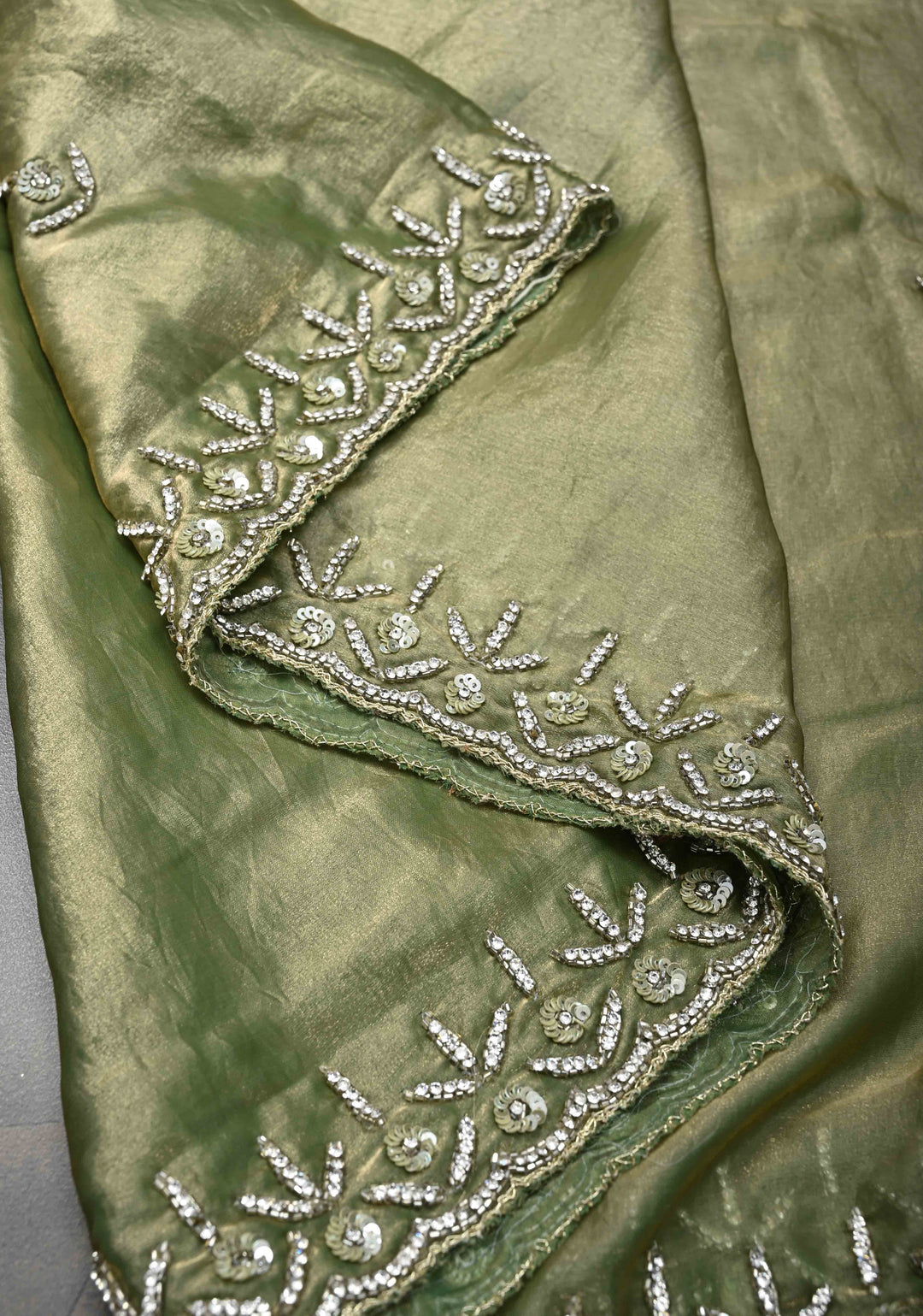 Olive Green Shimmer Georgette Saree with Cutdana, Stone Work and Scallop Border