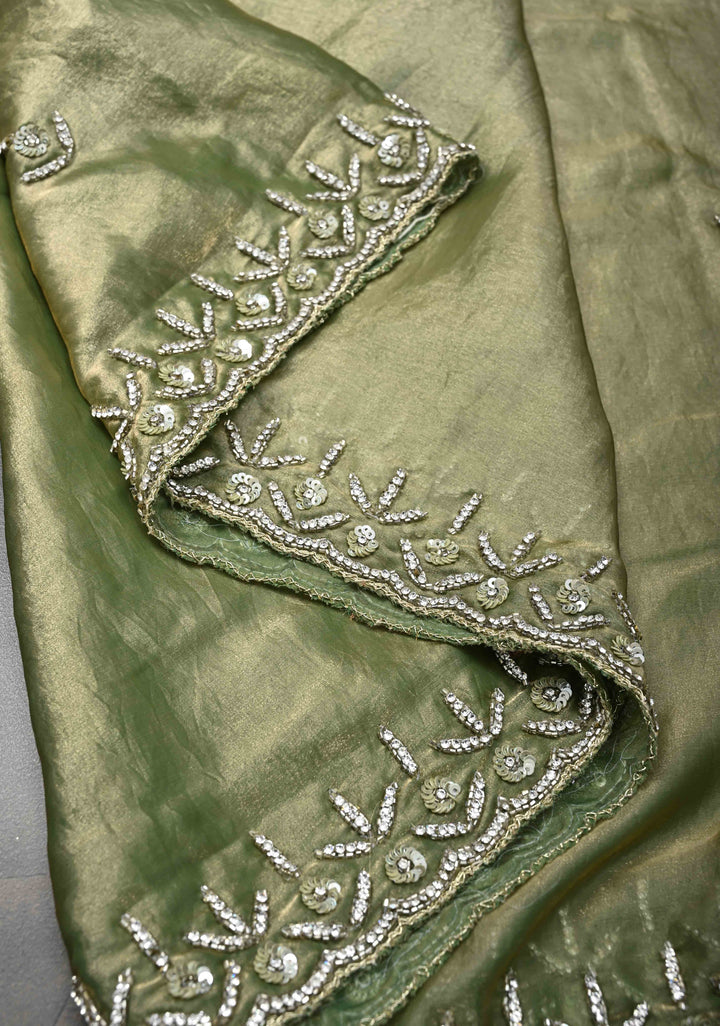 Olive Green Shimmer Georgette Saree with Cutdana, Stone Work and Scallop Border