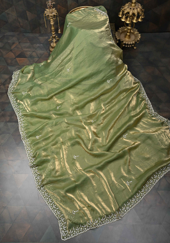 Olive Green Shimmer Georgette Saree with Cutdana, Stone Work and Scallop Border
