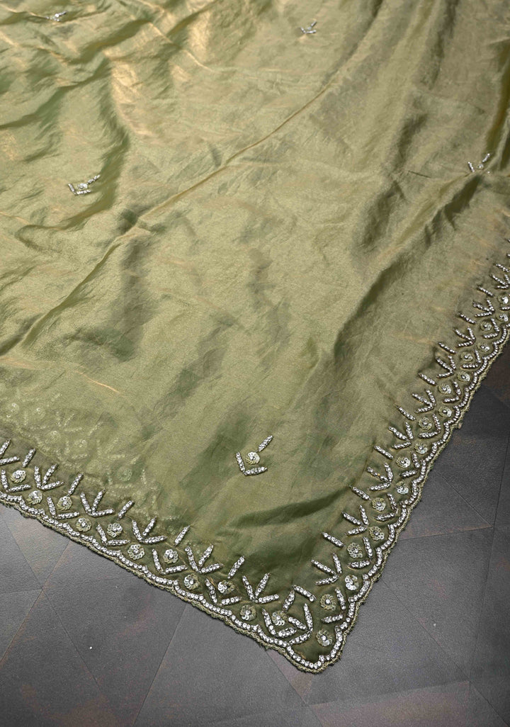 Olive Green Shimmer Georgette Saree with Cutdana, Stone Work and Scallop Border