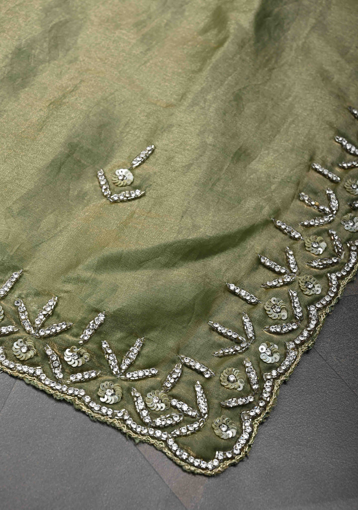 Olive Green Shimmer Georgette Saree with Cutdana, Stone Work and Scallop Border