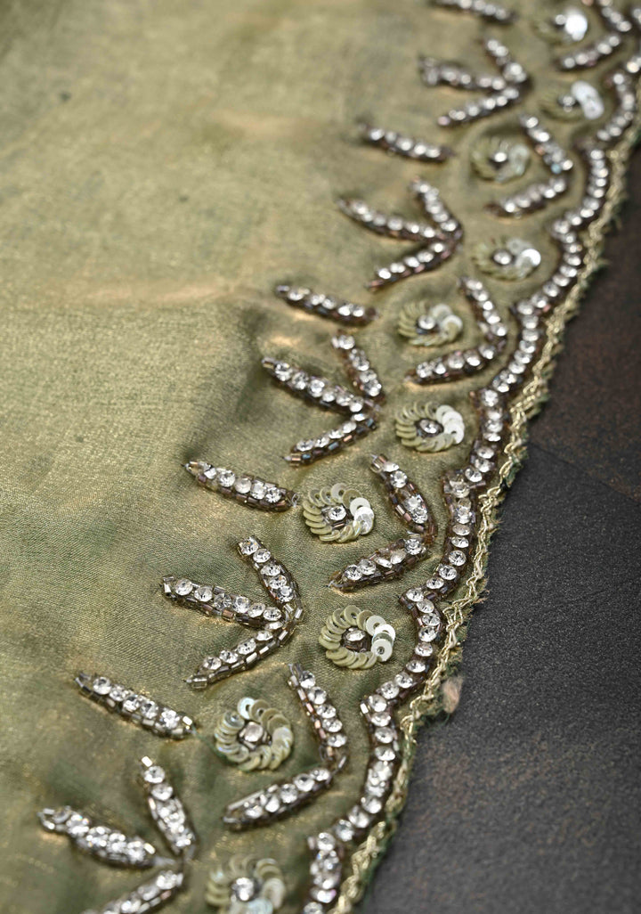 Olive Green Shimmer Georgette Saree with Cutdana, Stone Work and Scallop Border