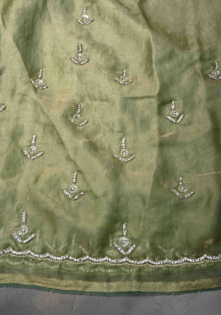 Olive Green Shimmer Georgette Saree with Cutdana, Stone Work and Scallop Border