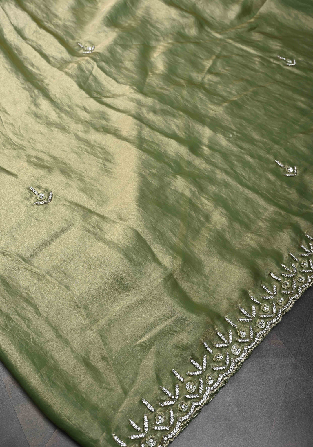 Olive Green Shimmer Georgette Saree with Cutdana, Stone Work and Scallop Border