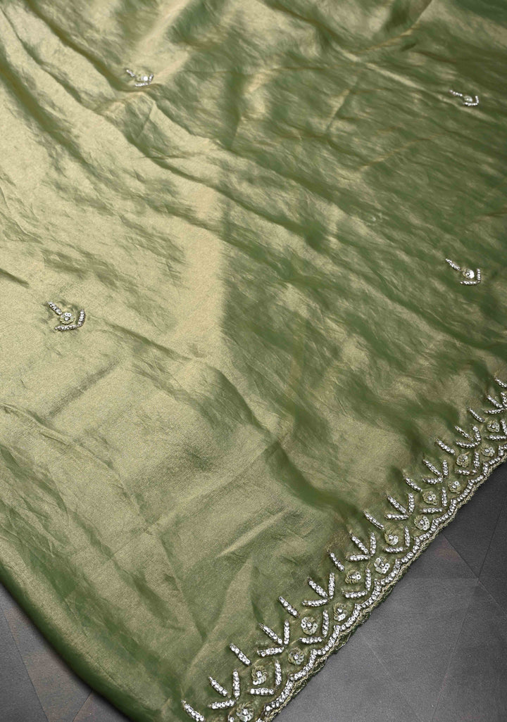 Olive Green Shimmer Georgette Saree with Cutdana, Stone Work and Scallop Border