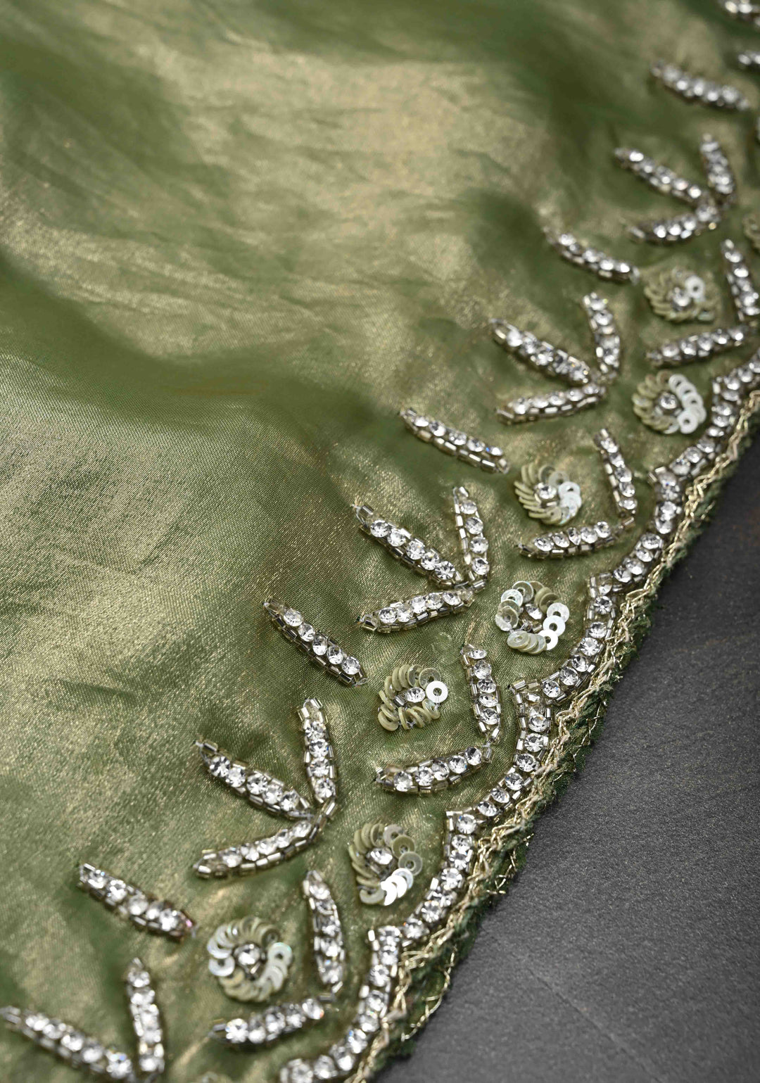 Olive Green Shimmer Georgette Saree with Cutdana, Stone Work and Scallop Border