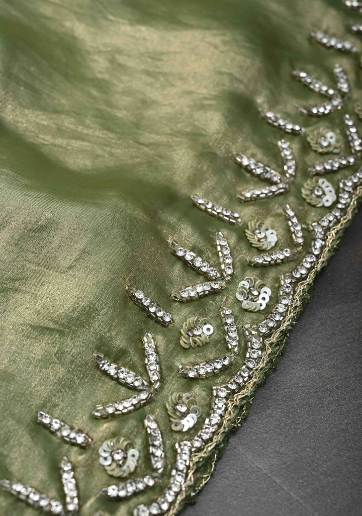 Olive Green Shimmer Georgette Saree with Cutdana, Stone Work and Scallop Border