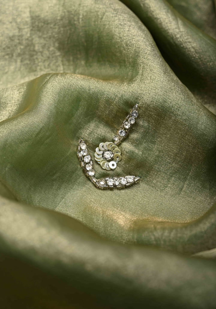 Olive Green Shimmer Georgette Saree with Cutdana, Stone Work and Scallop Border