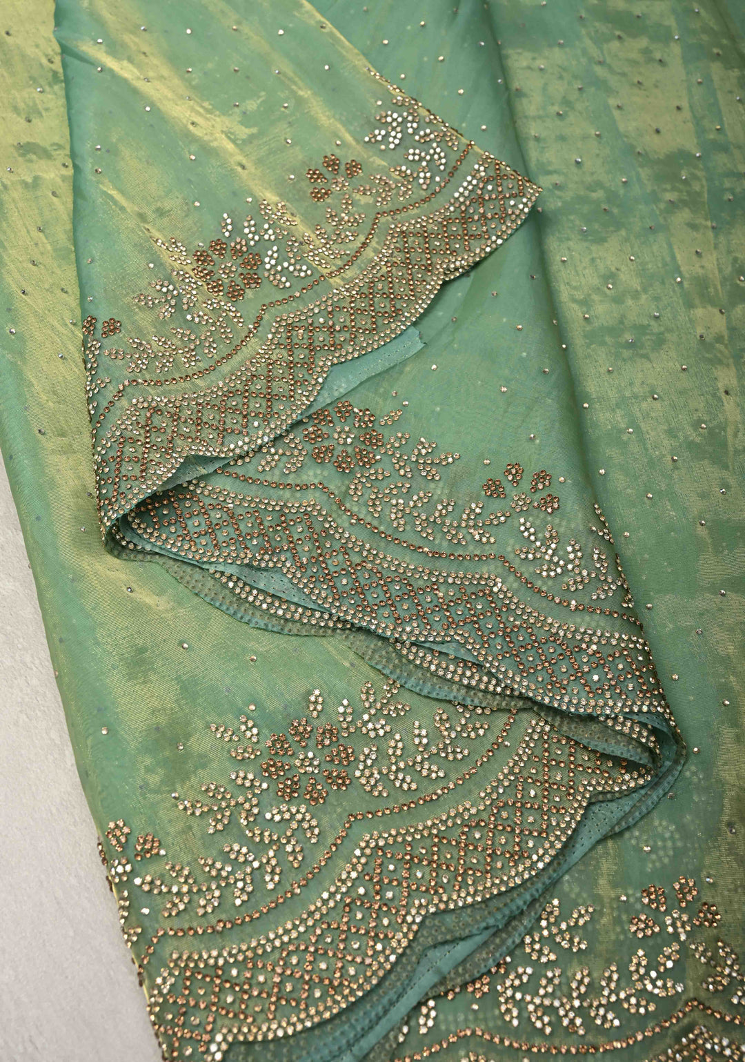 Sage Green Shimmer organza Saree with Powder Two tone  Stone work and Scallop Border