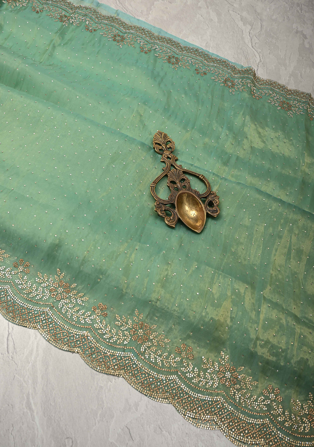 Sage Green Shimmer organza Saree with Powder Two tone  Stone work and Scallop Border