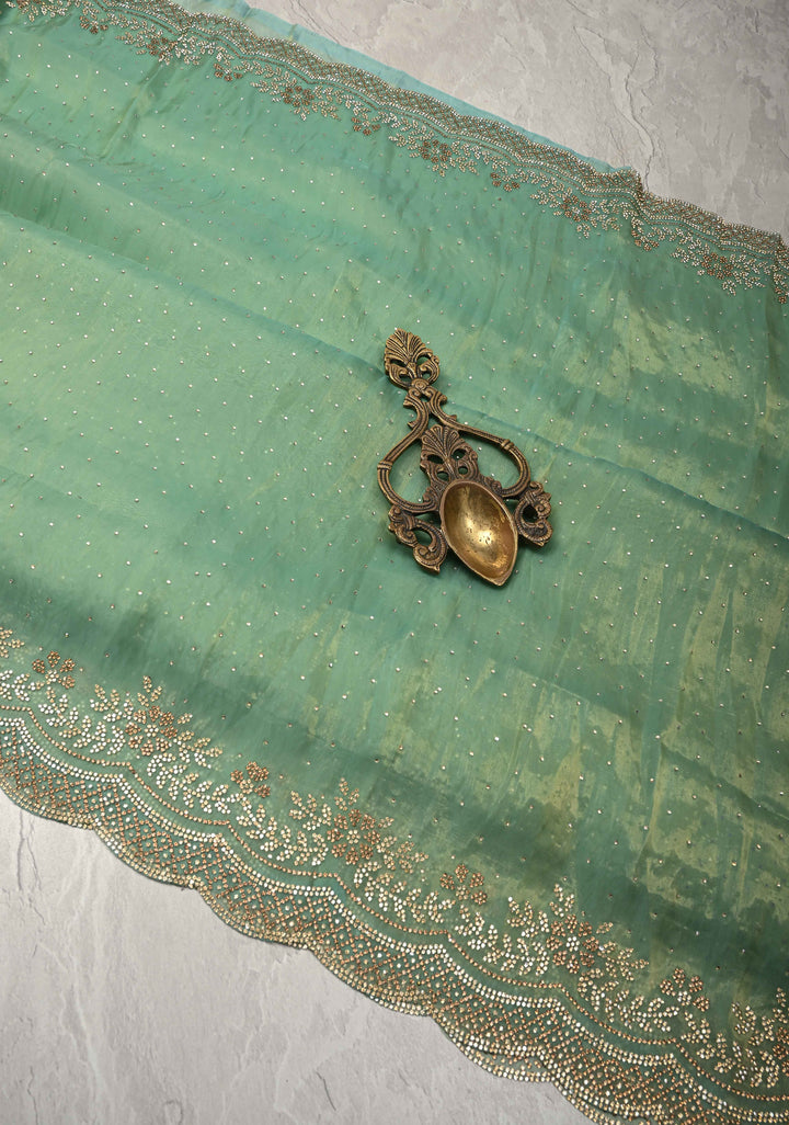 Sage Green Shimmer organza Saree with Powder Two tone  Stone work and Scallop Border