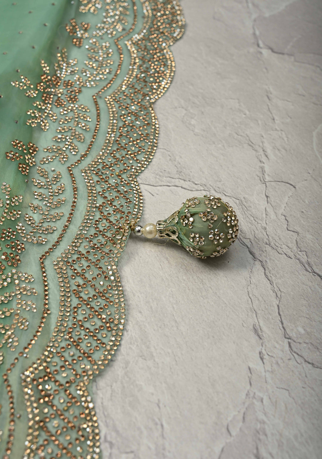 Sage Green Shimmer organza Saree with Powder Two tone  Stone work and Scallop Border