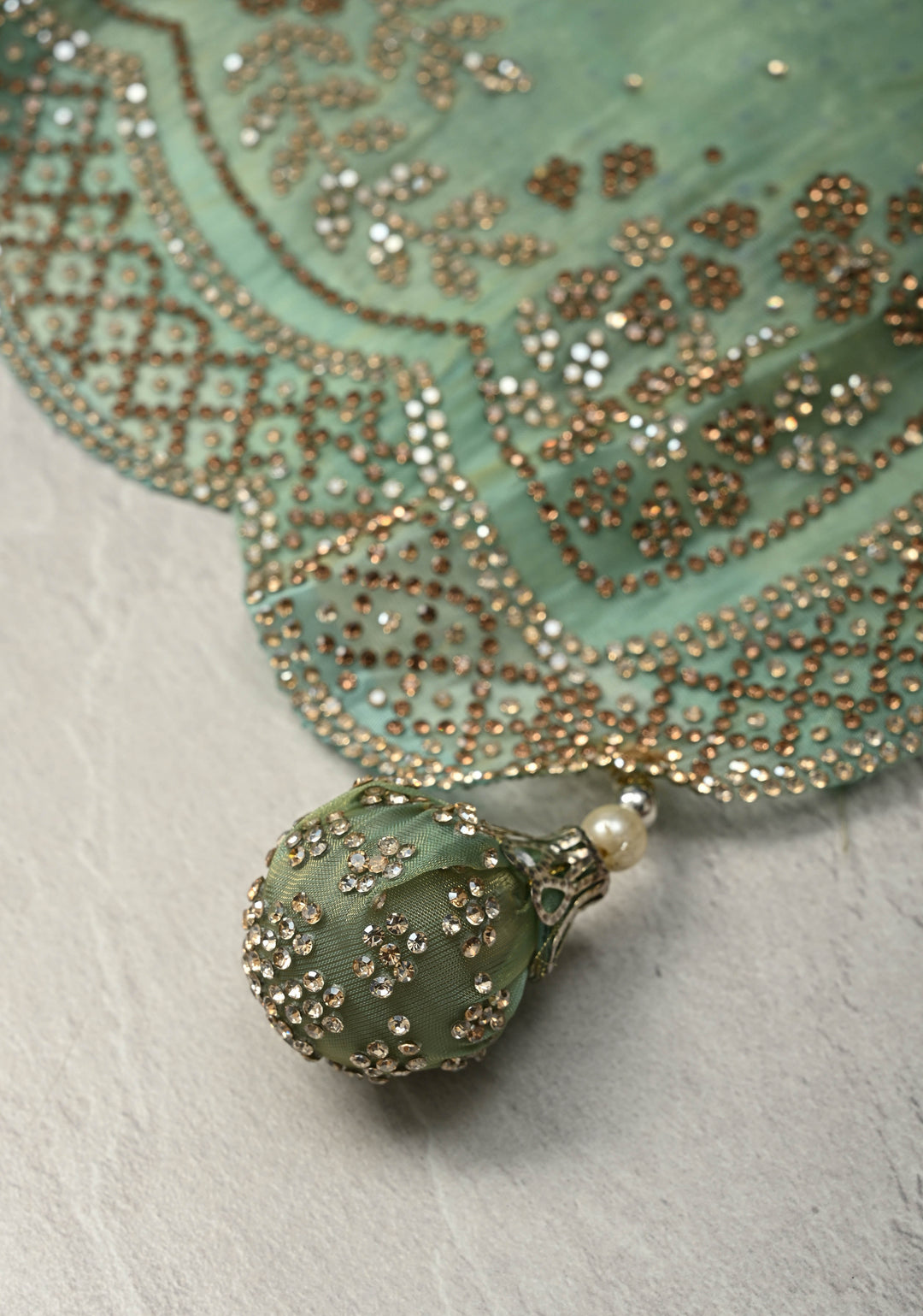 Sage Green Shimmer organza Saree with Powder Two tone  Stone work and Scallop Border