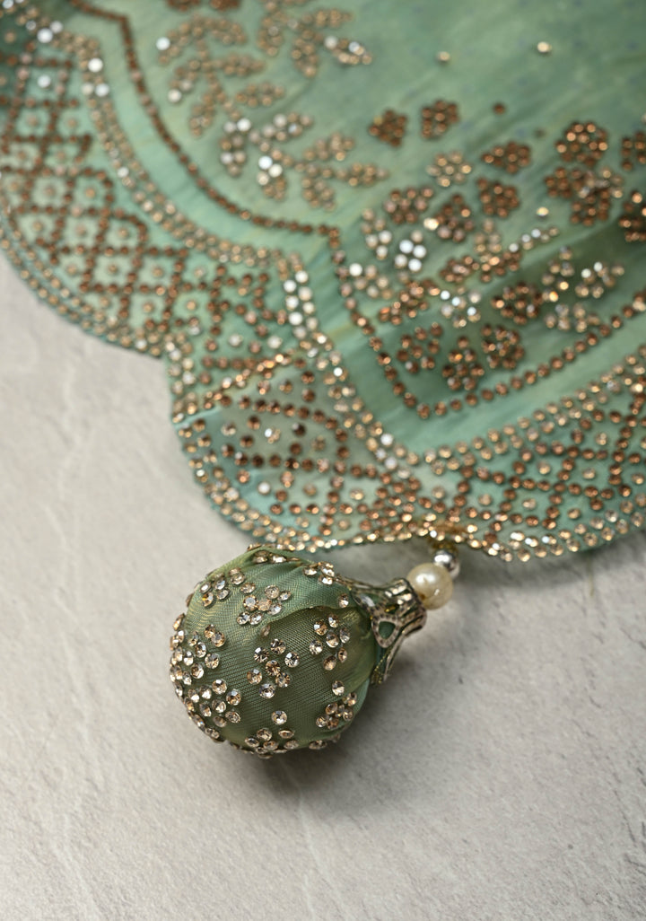 Sage Green Shimmer organza Saree with Powder Two tone  Stone work and Scallop Border