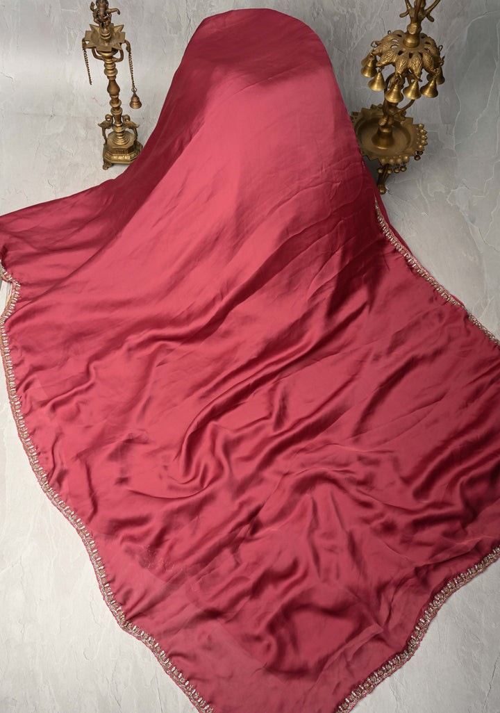 Dark Rose Pink Satin Geoergette Saree with Cutdana and Stone Minimal Borders
