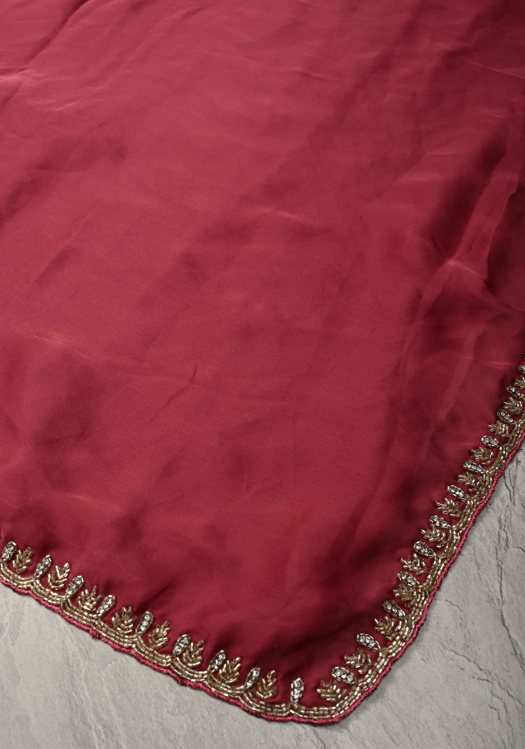 Dark Rose Pink Satin Geoergette Saree with Cutdana and Stone Minimal Borders