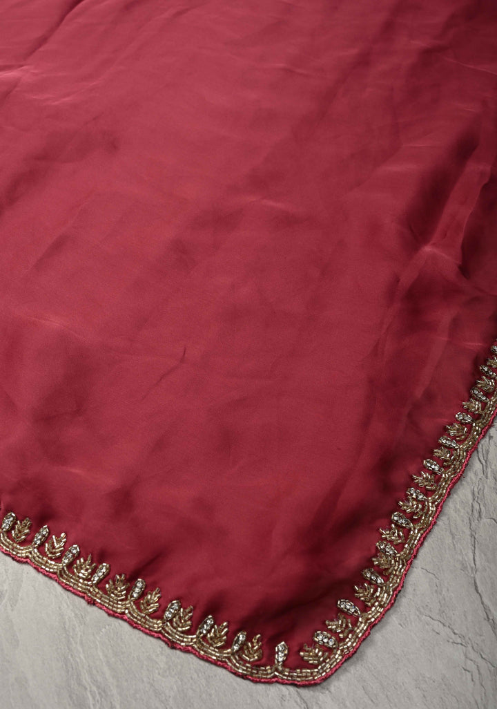 Dark Rose Pink Satin Geoergette Saree with Cutdana and Stone Minimal Borders