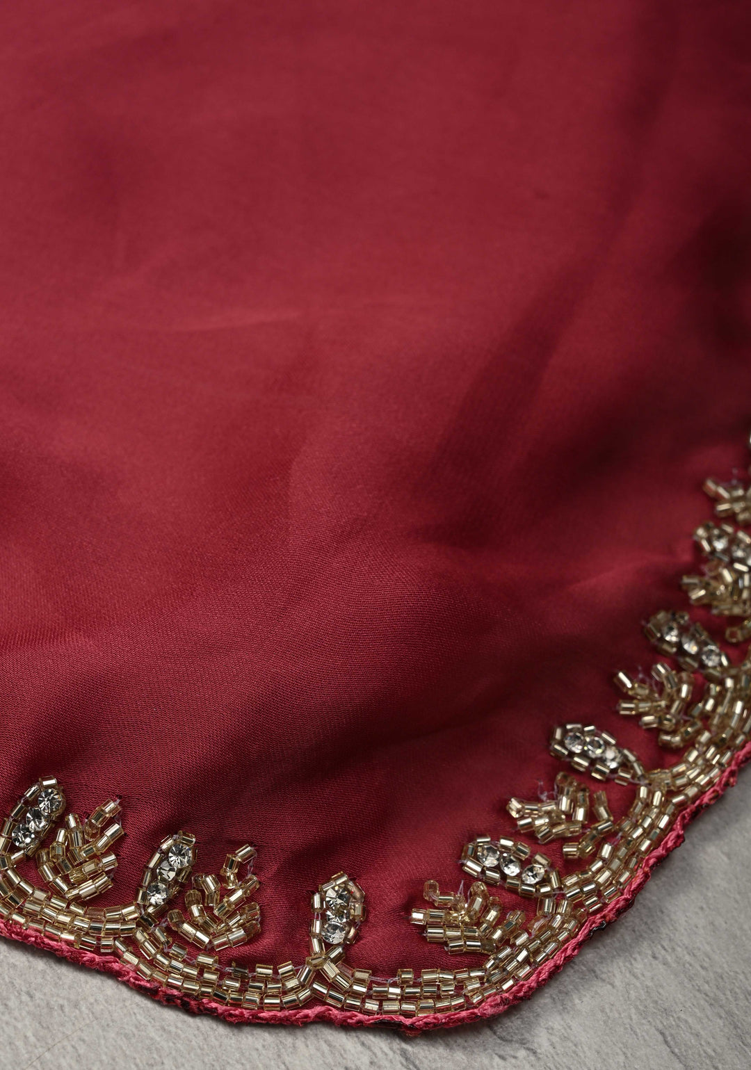 Dark Rose Pink Satin Geoergette Saree with Cutdana and Stone Minimal Borders