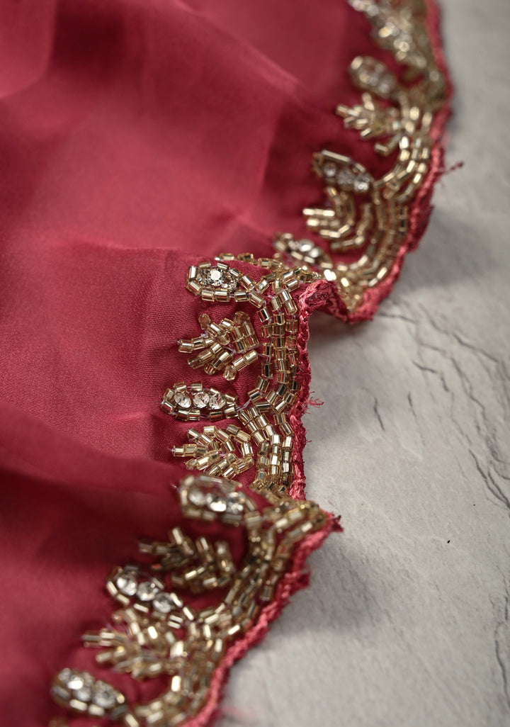 Dark Rose Pink Satin Geoergette Saree with Cutdana and Stone Minimal Borders