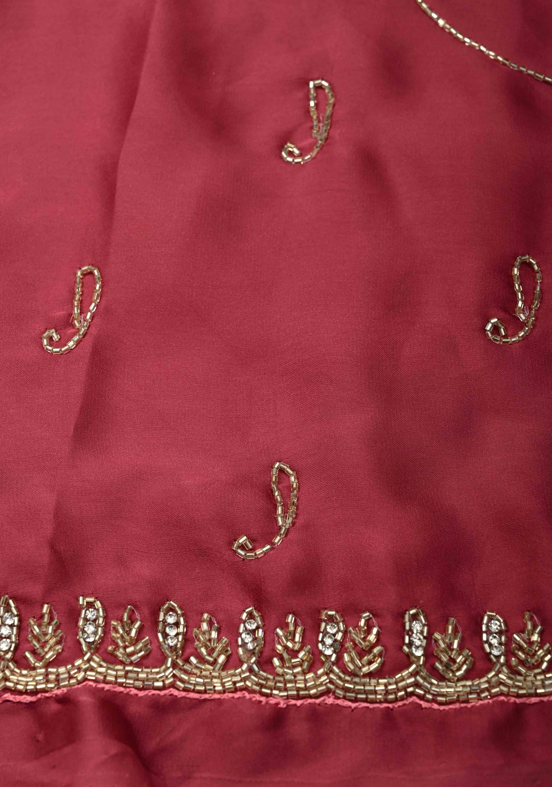 Dark Rose Pink Satin Geoergette Saree with Cutdana and Stone Minimal Borders