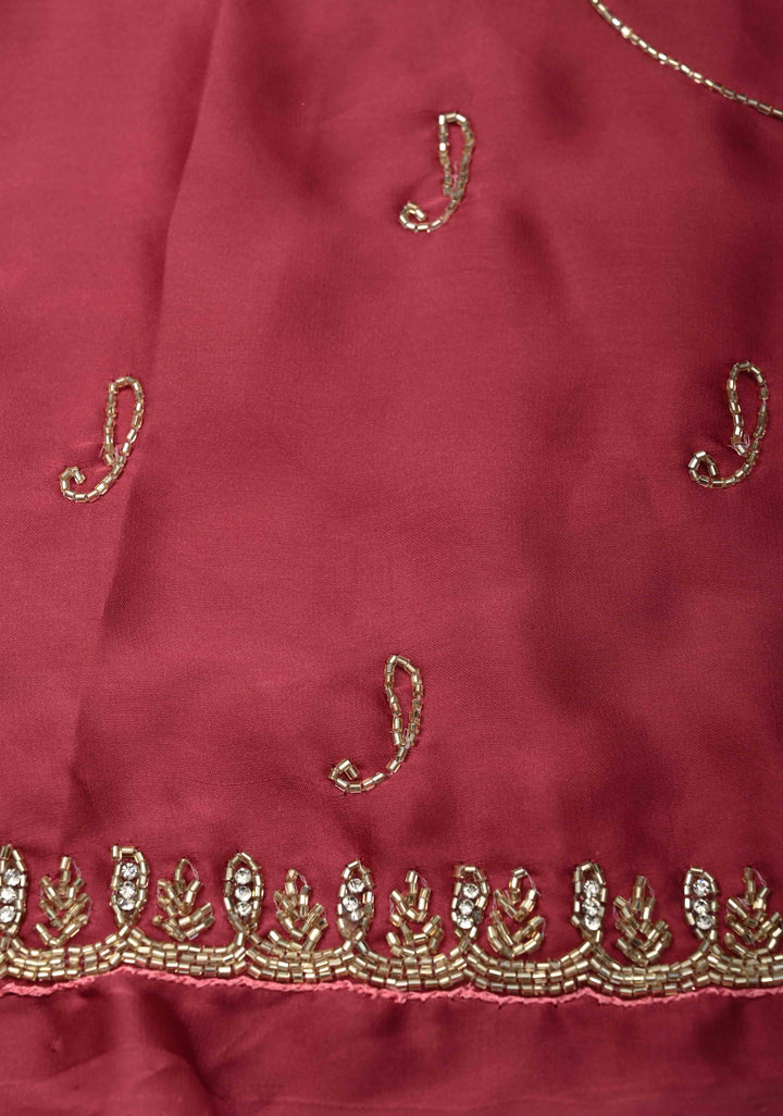 Dark Rose Pink Satin Geoergette Saree with Cutdana and Stone Minimal Borders