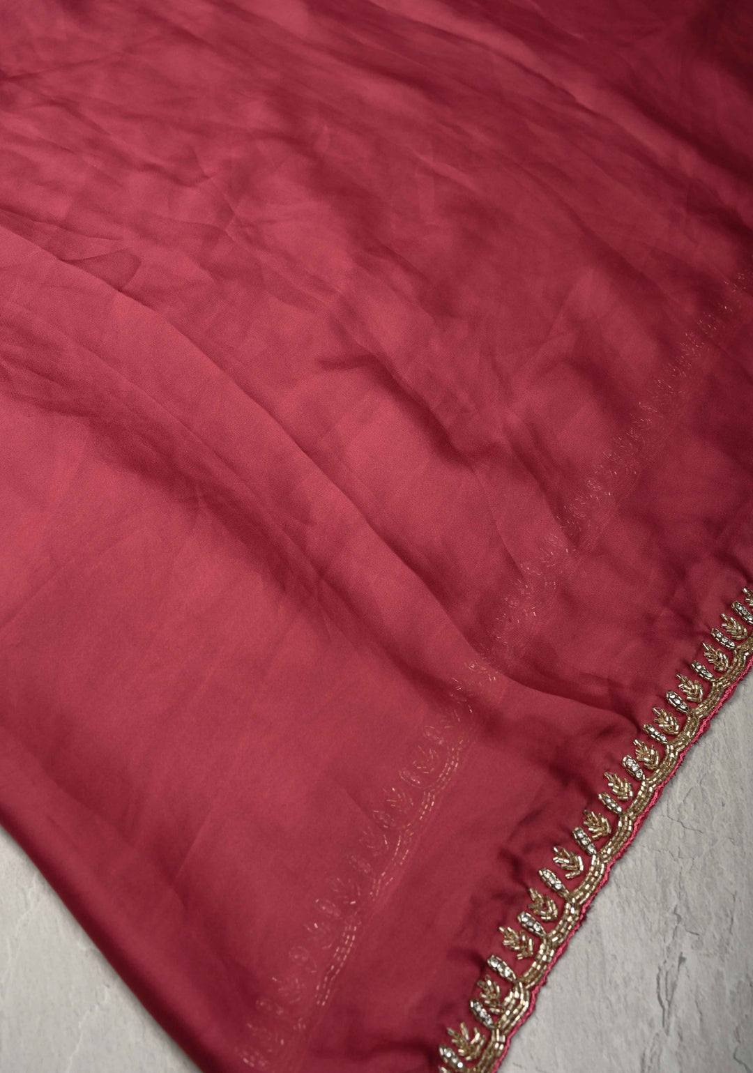 Dark Rose Pink Satin Geoergette Saree with Cutdana and Stone Minimal Borders