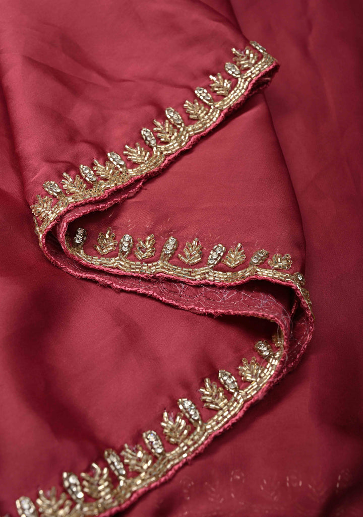 Dark Rose Pink Satin Geoergette Saree with Cutdana and Stone Minimal Borders