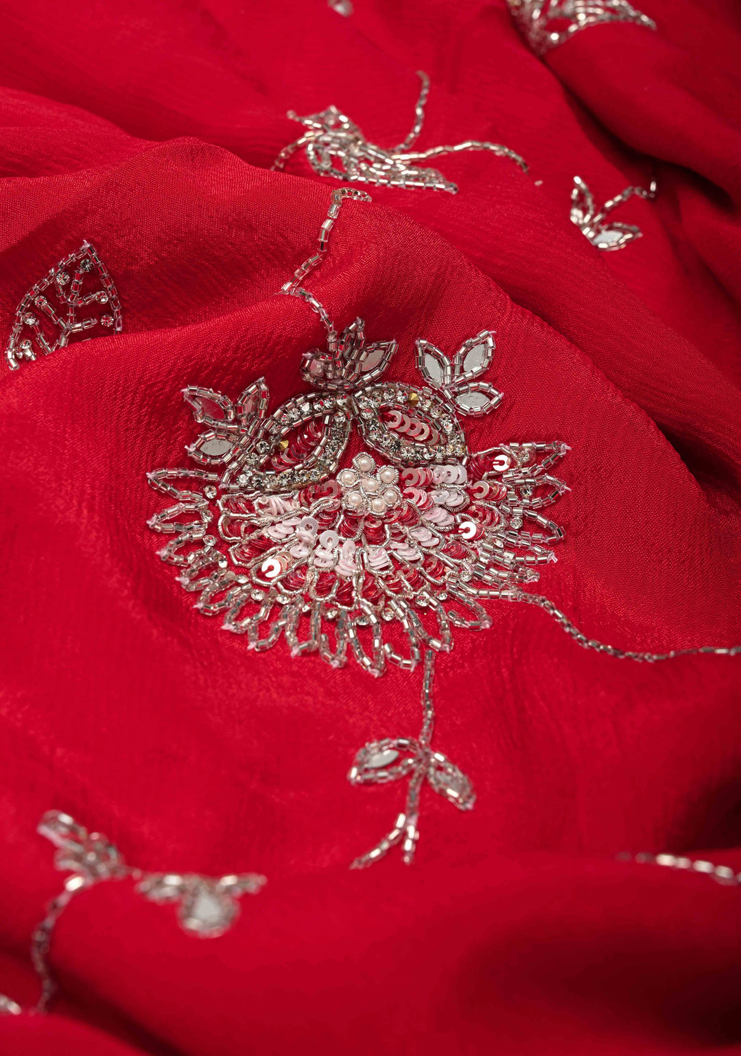 Red Satin Georgette saree with Cutdana,Stone Work and Full Jall