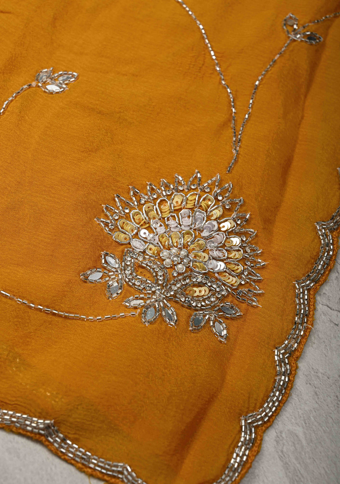 Mustard Yellow Chinon Saree with Cutdana, Mirror Work Embellished Jaal and Scallop Border